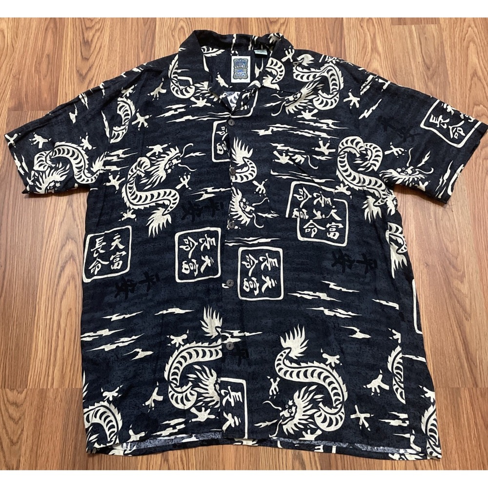 Ocean Current Hawaiian Shirt Men's Medium Dragon Rayon Korea 90s Camp